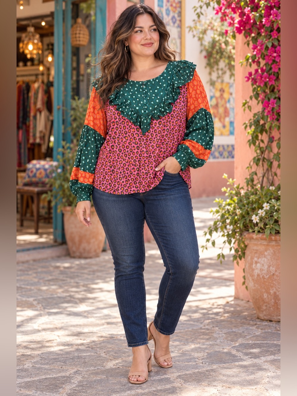 Farm Rio Anthropologie Jirafas Ruffle Blouse XL Mixed Animal Print